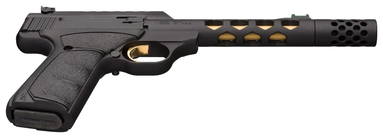 Browning Buck Mark Vision Black Gold 22 LR 5 7/8 in. – Reliable Rimfire Pistol 5 Browning Buck Mark Plus Vision Black Gold Suppressor Ready, left side