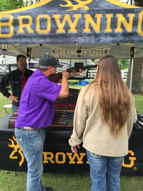 Holding a Citori over and under shotgun at the 2015 Briley sporting clays championship.