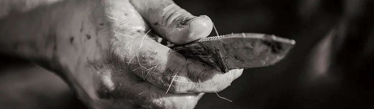 Blood and deer hair covered knife in hunter's hand.