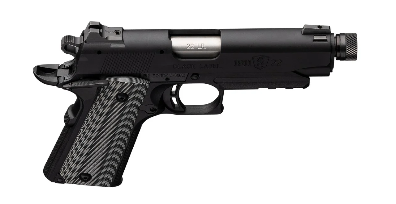 Browning 1911-22 Compact SR Rail 22 LR 4 1/4 in. – Superb 1911 Style Pistol 6 Browning 1911-22 Black Label Compact Suppressor Ready with Rail, angle view