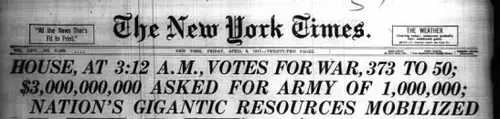The front page of the New York Times from April 6, 1917 