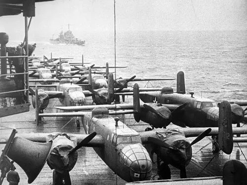B-25 on the deck of the USS Hornet. 