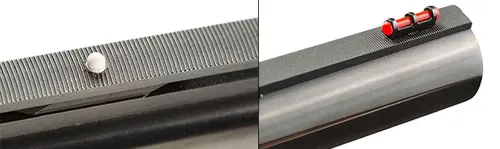 The Sweet Sixteen’s sights consist of a white bead (l.), located mid-barrel, and a red fiber-optic pipe (r.) found at the muzzle. 