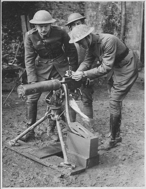 Lt. Val Browning instructing soldiers on the use of his father’s Model 1917 machine gun