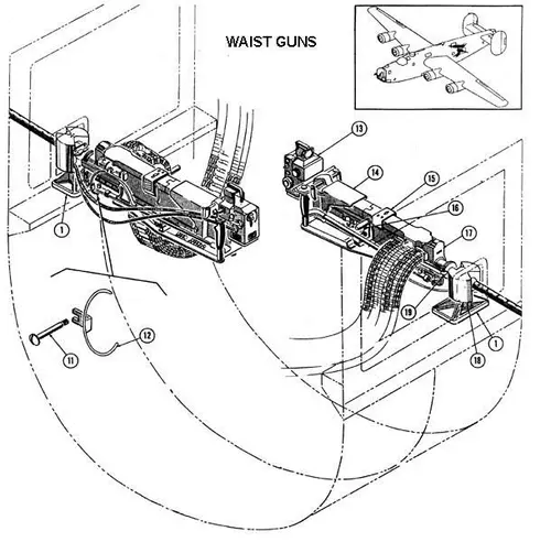 A WWII vintage diagram showing a pair of .50 caliber Brownings in their waist gun mounts on a B-24 Liberator bomber.