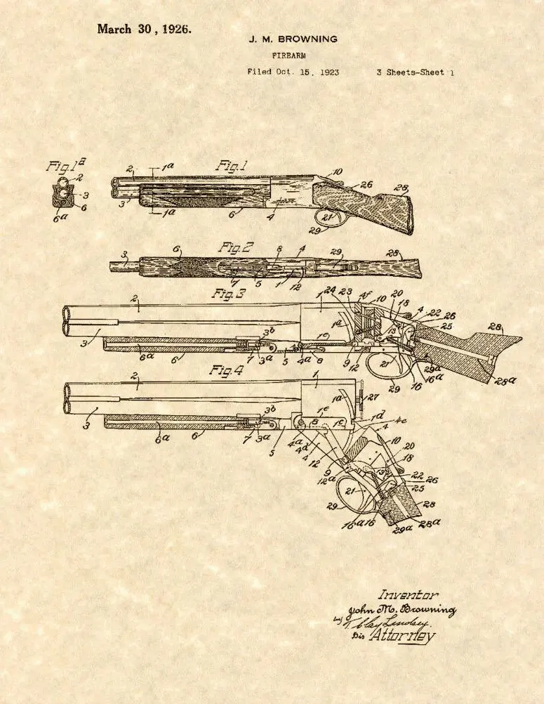 Primary drawing from the original John Moses Browning Superposed Shotgun patent. 