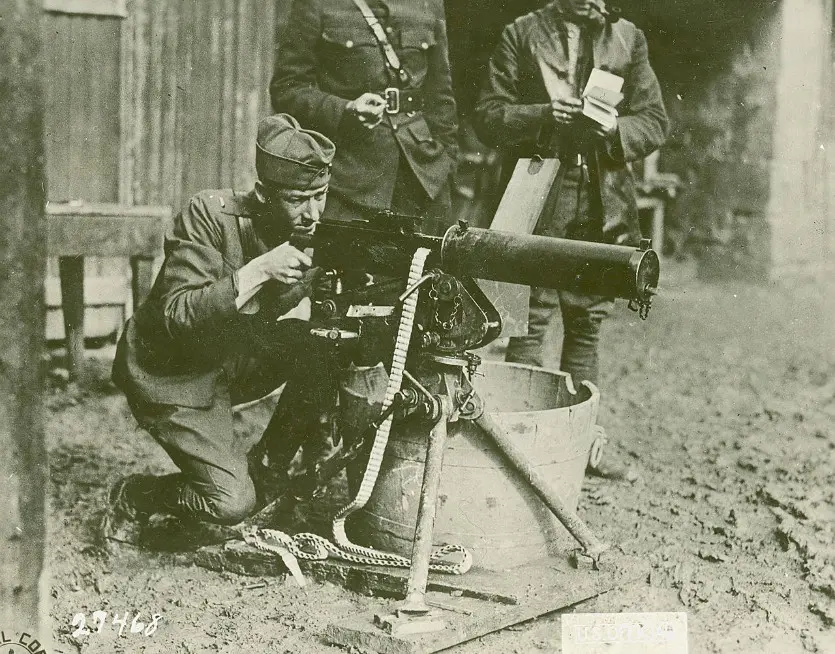 US Army Lt. Val Browning, demonstrates the Browning Model 1917 water-cooled machine gun.