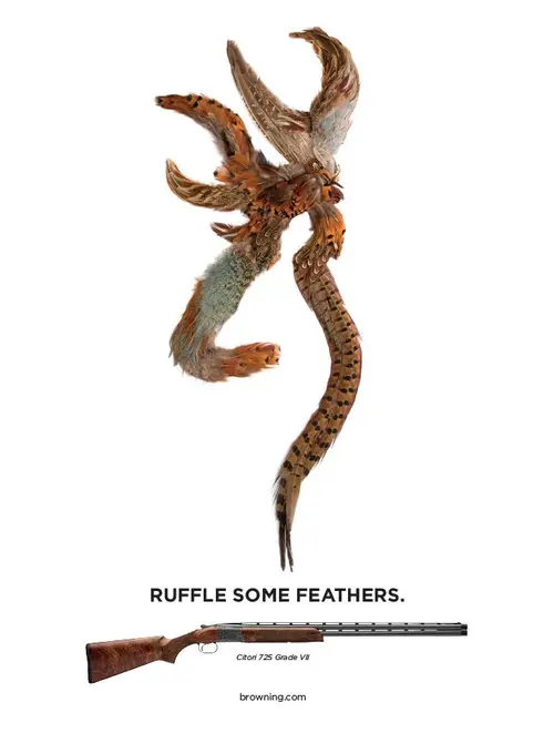 Buckmark logo made from pheasant feathers