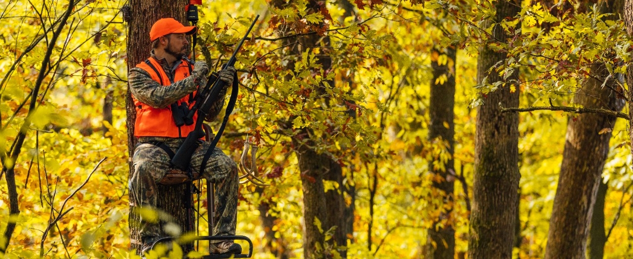 Hunter in Tree Stand with blaze orange