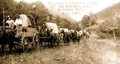 Mormon pioneers coming off Big Mountain, July 1847.