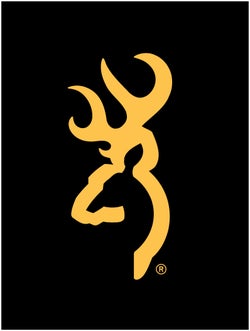 Buckmark logo in gold color on black.