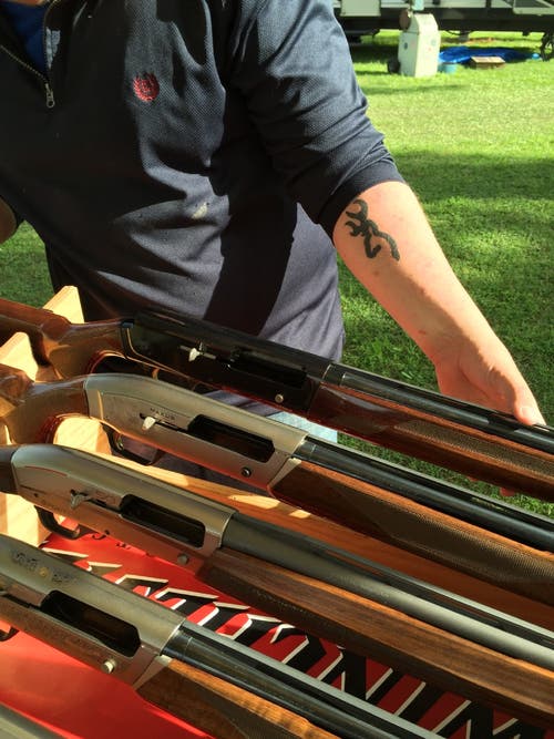 Sporting clay shotguns on display at the 2015 Briley sporting clays championship.