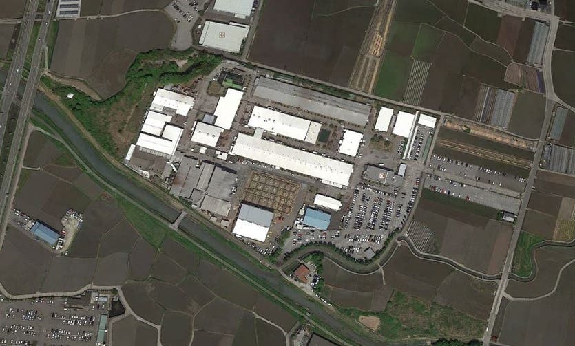 Google Earth view of the current, main factory for many Browning rifles and shotguns in Kochi, Japan. 