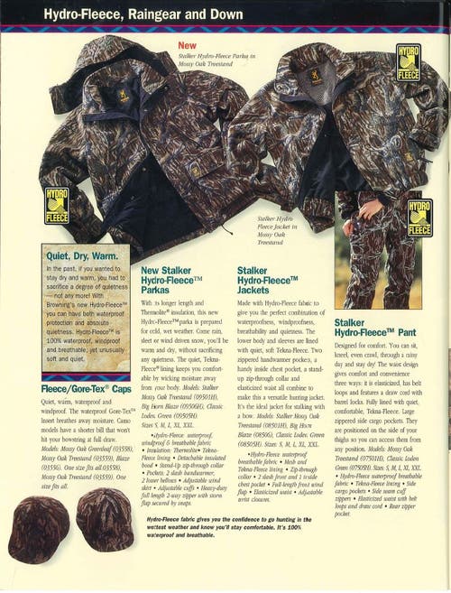 1993 Catalog page showing Hydro-Fleece hunting clothing.