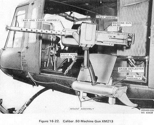 An experimental .50 caliber Browning machine gun system mounted on a UH-1 Huey helicopter.