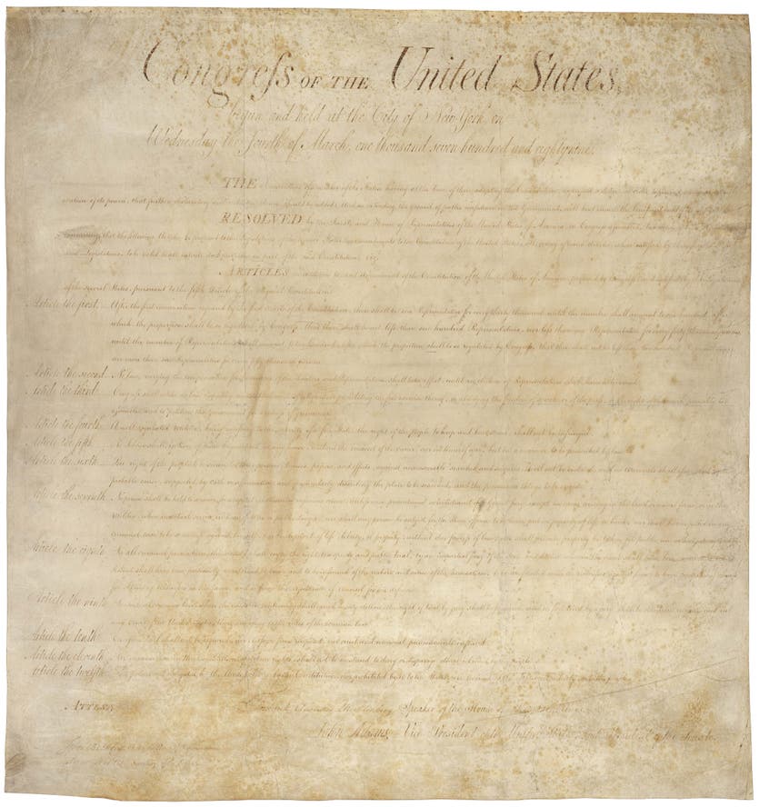 The proposed Bill of Rights, as presented to the First Congress of the United States.. 