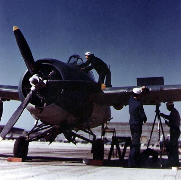 This US Navy Grumman F4F fighter from the early 1940s sports a half dozen .50 caliber forward-firing Browning machine guns. Virtually every US combat aircraft in that era was armed with one or more Browning machine guns.