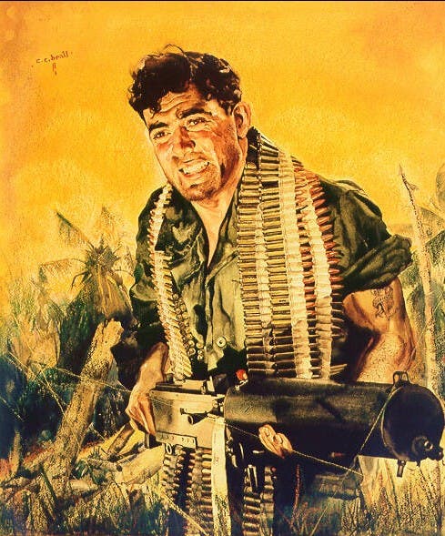 Sgt. John “Manila John” Basilone is shown in action with his Browning 1917 water-cooled machine gun on this WWII war bond poster. 