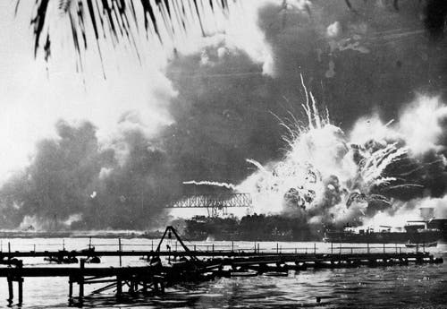 The USS Shaw explodes at Pearl Harbor, early on the morning of December 7, 1941.