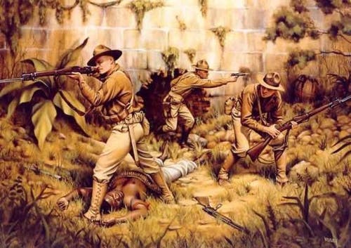 Major Smedley Butler, center, takes the fight to the Cacos in Haiti with his Model 1911 pistol. Painting from the USMC Archives.