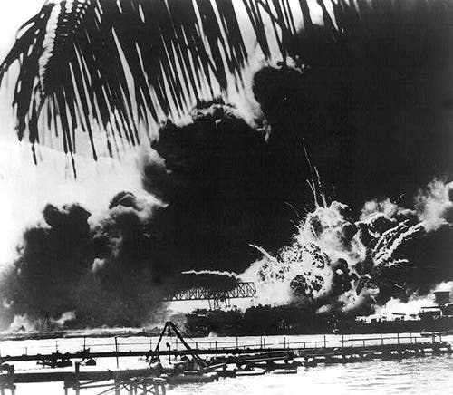 The USS Shaw explodes during the attack at Pearl Harbor on December 7, 1941. 