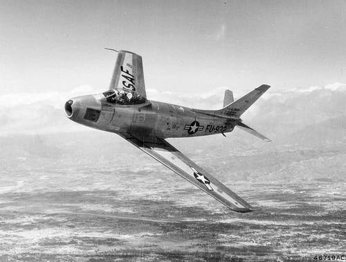 F-86 Saber fighter jet with a half dozen forward firing .50 Brownings in its nose.