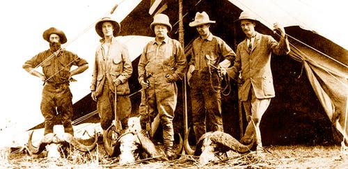 Kermit and Theodore Roosevelt, along with the Smithsonian safari staff in Africa in 1909. 