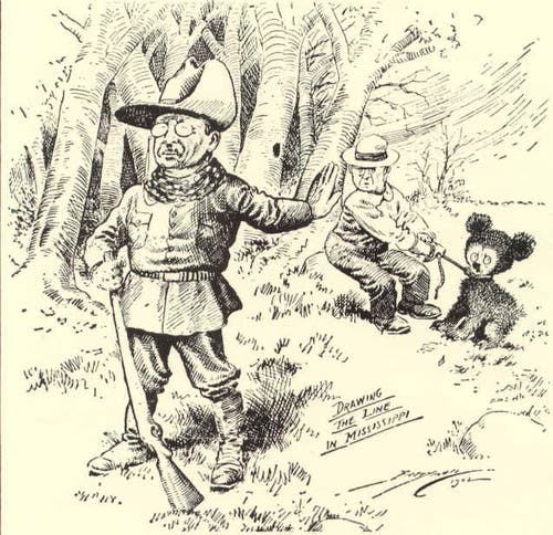 Political cartoon of Theodore Roosevelt refusing to shoot tied up bear.