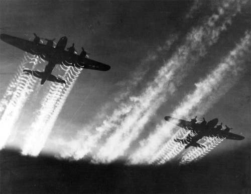 Formation of B-17s produce contrails on the way to their targets somewhere over Europe. 