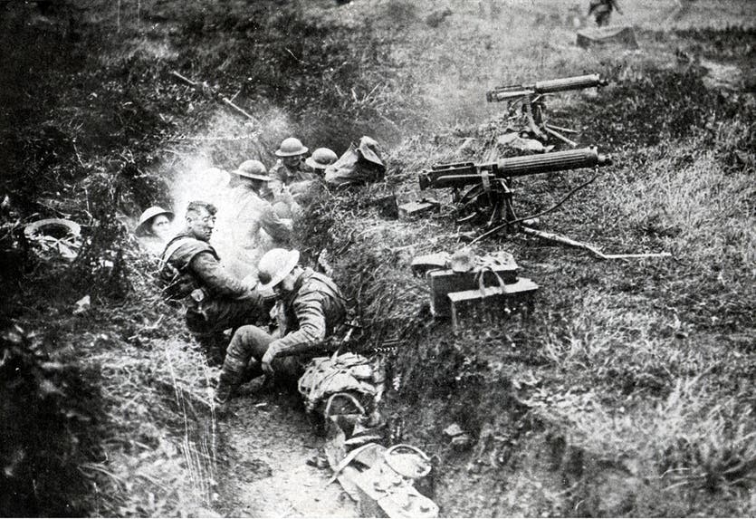 Enjoying a lull in combat during WWI, this Allied machine gun squad takes a short break in their trench. 