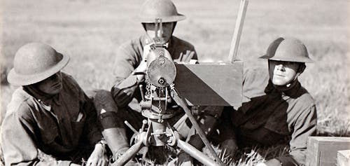 The US Model 1917 Browning machine gun with three soldiers. 