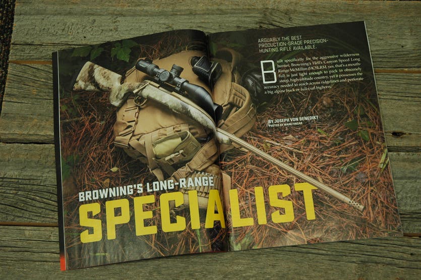 X-Bolt Long Range McMillan rifle on catalog spread