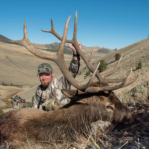 Nate Simmons in Browning hunting clothing with bull elk.