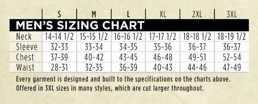 Regular Fit hunting clothing sizing chart.