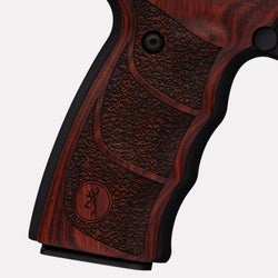 Rosewood colored UDX grips on Buck Mark pistol - Closeup photo