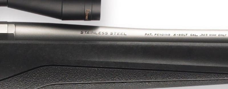 Stainless steel barrel stamp on X-Bolt rifle.