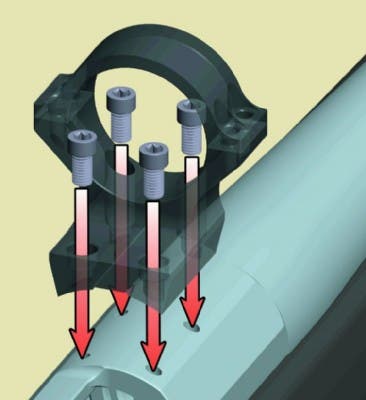 Diagram showing the X-Lock system using four screws to lock scope base securely.