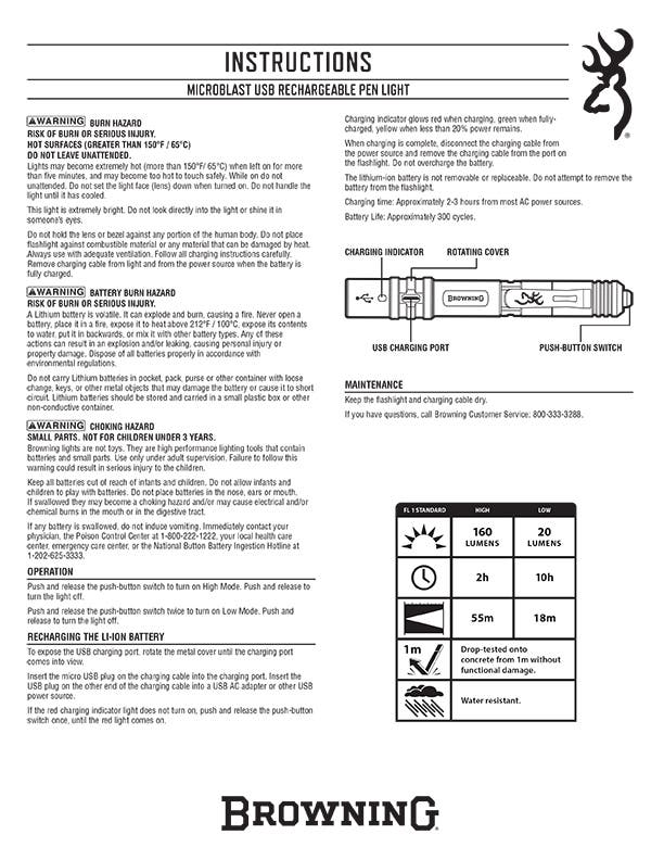 Microblast USB Rechargeable Flashlight Instruction Sheet