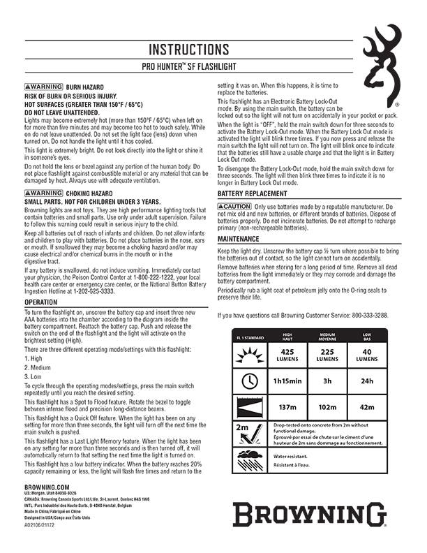Pro Hunter SF Flashlight Instruction Sheet