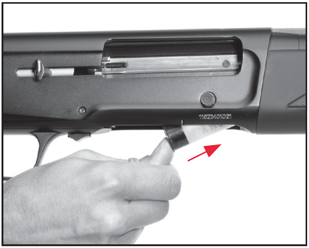 Insert the shell into the bottom of the receiver and push it fully forward into the magazine.